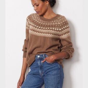 Evereve Brown and Cream Fair Isle Crewneck Sweater